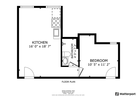 A floor plan for a small apartment with a kitchen, bathroom, and bedroom.